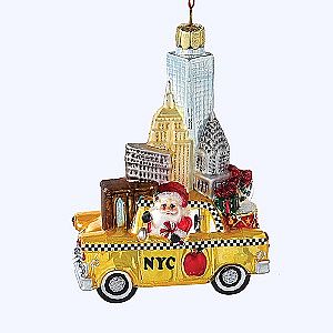 5" NYC santa in Taxi glass ornament